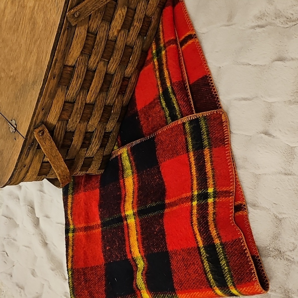 Vintage Red, Black, Yellow Tartan Plaid Wool Throw Camping Decor Blanket WPL1675